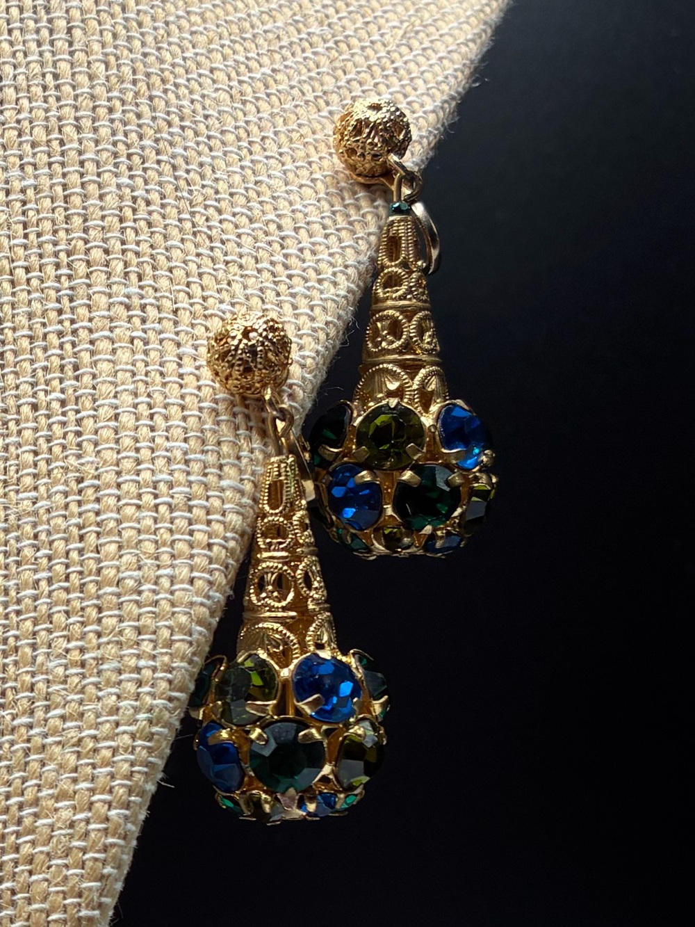 Vintage Gold Filigree Teardrop Clip-on Earrings with Blue and Green Gemstones